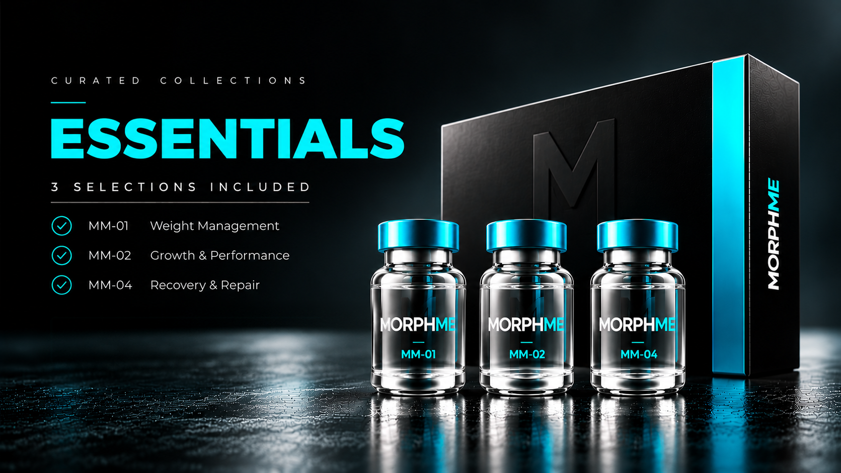 The Essentials collection: 3 clear glass MorphME vials with aqua caps in front of the black MorphME collection box