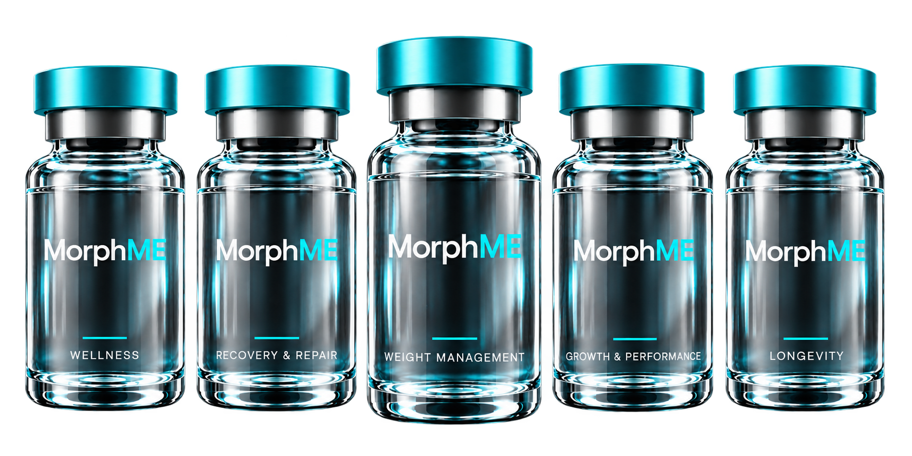 Five MorphME vials — Wellness, Recovery & Repair, Weight Management, Growth & Performance, Longevity.